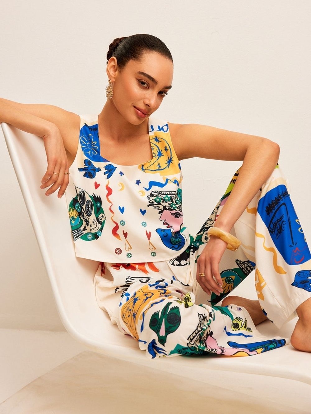 Sleeveless Printed Wide-Leg Jumpsuit in Cream Multicolor